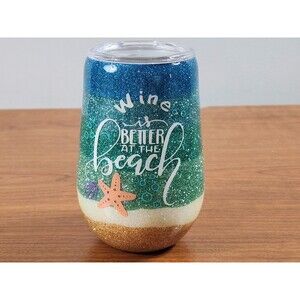 Handmade Multicolor Tumbler "Wine Better At The Beach" W/ Lid